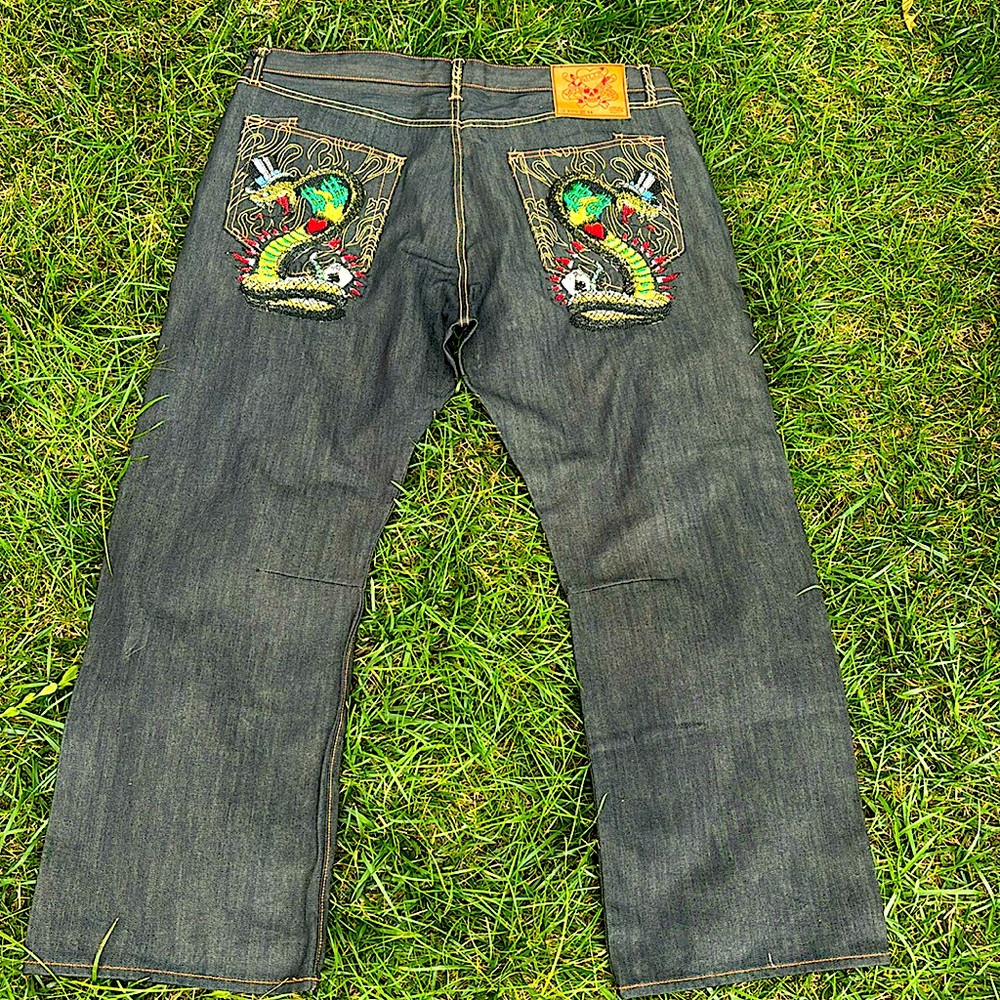 Vintage Y2K Ed Hardy Rhinestone Snake Denim Jeans 44x32